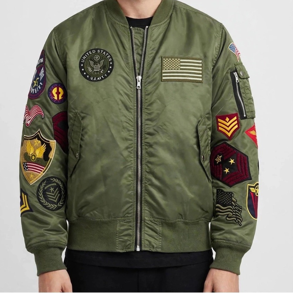 Smoke Rise Mens MA-1 Flight Bomber Jacket Olive Green Multi Patch Military XL